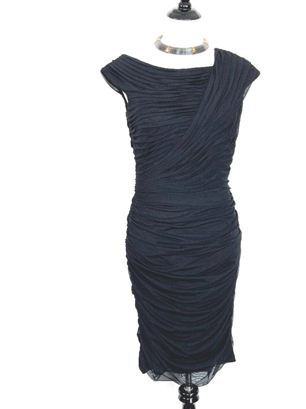 Tadashi Shoji Black Ruched Mesh Dress Witchy Goth Party Sz M